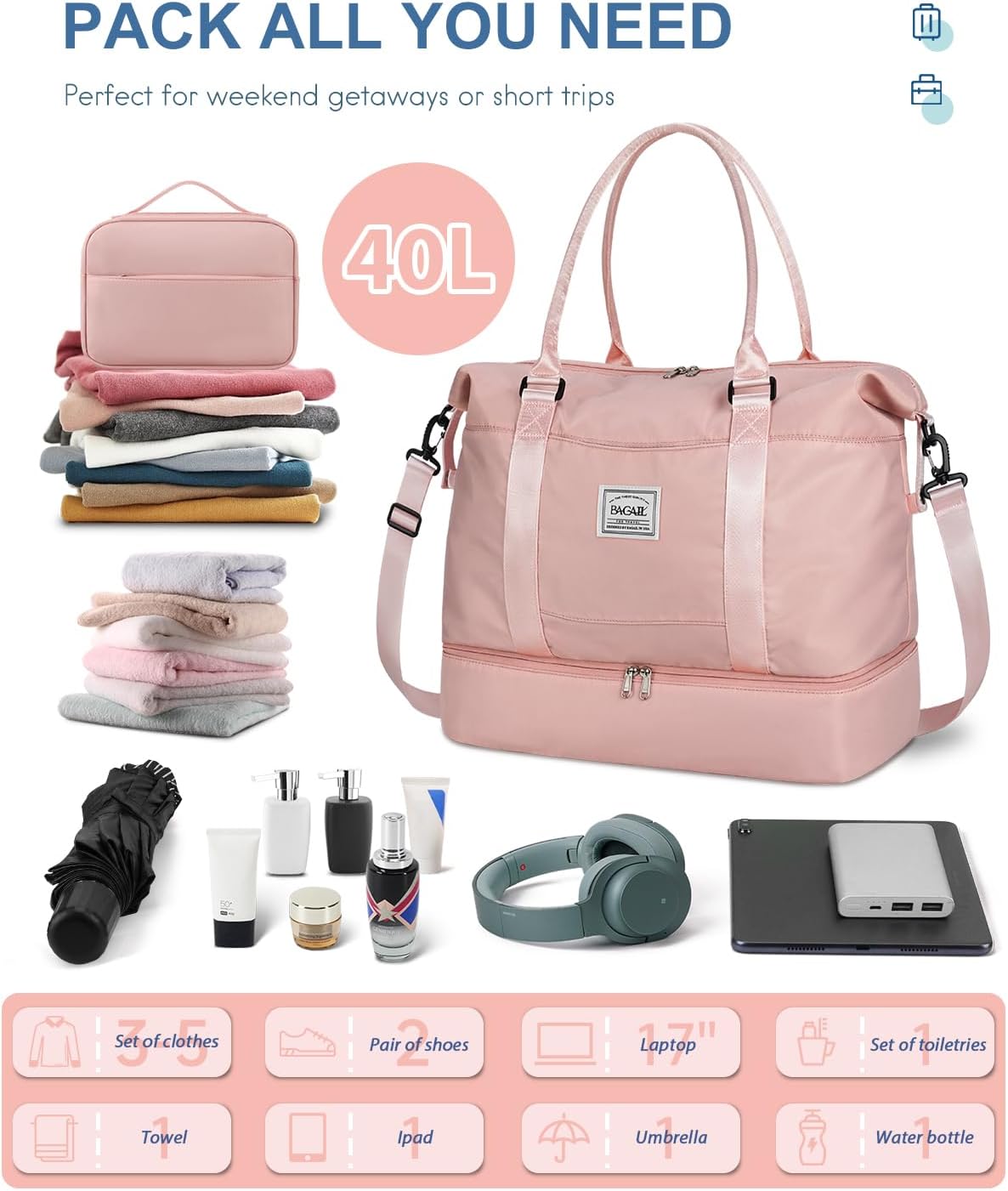 BAGAIL Travel Duffel Bag, Weekender Bags for Women, Overnight Gym Carry On Tote Bag with Wet Pocket, Hospital Mom Bag for Labor and Delivery - Extra Large, Pink