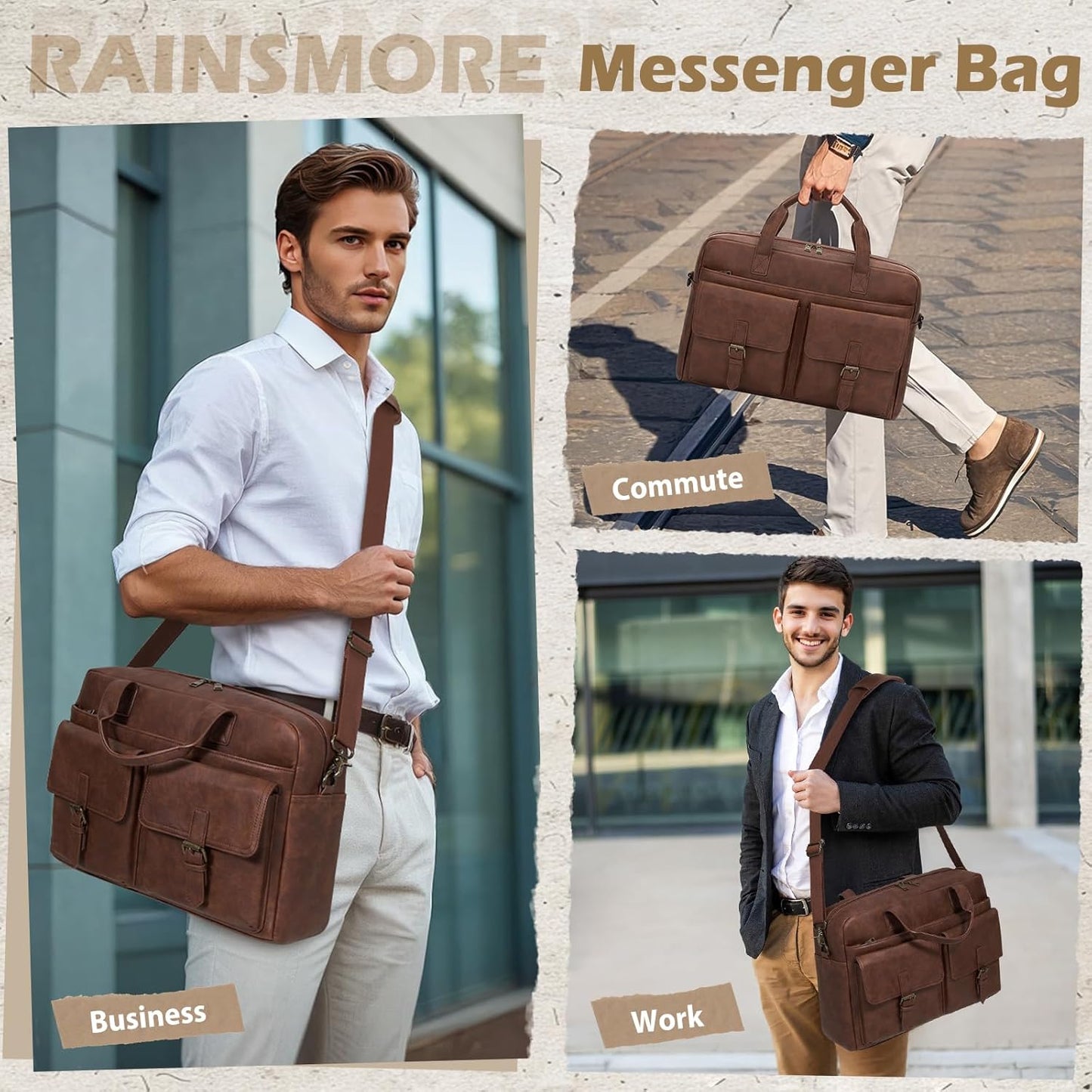 RAINSMORE Messenger Bag for Men 16 Inch Leather Laptop Bags Work Computer Briefcase Vintage Mens Satchel Shoulder Bag for Work, Office, Business, Travel, Brown