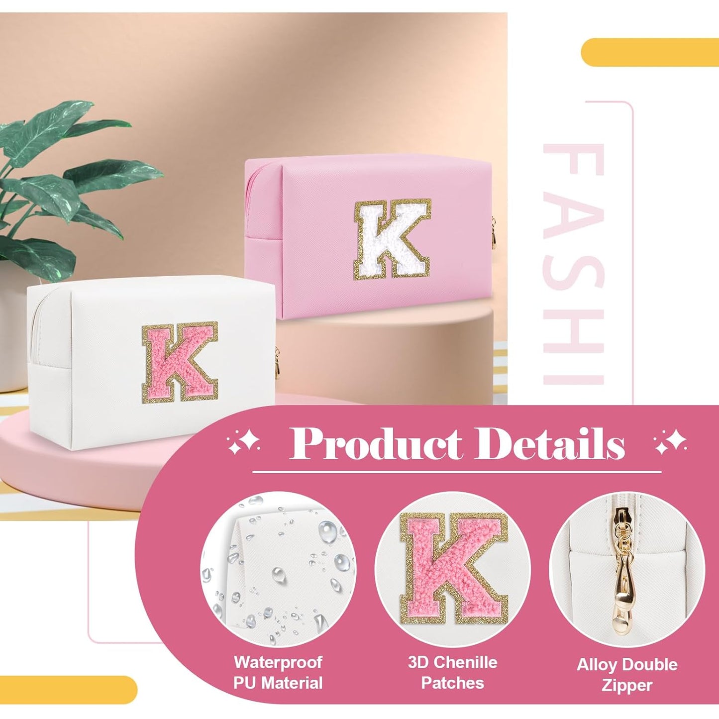 Personalized Makeup Bag Initial A-Z Preppy Patch Bag,Small PU Leather Travel Cosmetic Bag Pouch with Zipper,White Cute Toiletry Bag,Gift Ideal for Teen Girls Women Birthday Friend Mom,Letter K