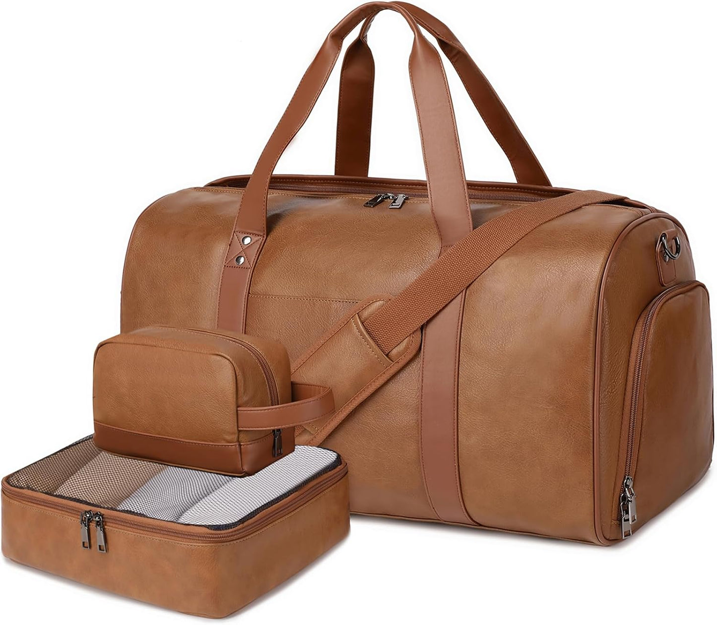 Wogarl 3PCS Leather Weekender Bag for Women Men Large Overnight Duffel Bag with Shoe Compartment Toiletry Packing Cube Carry On Bag Fit 21" Laptop (Light Brown)
