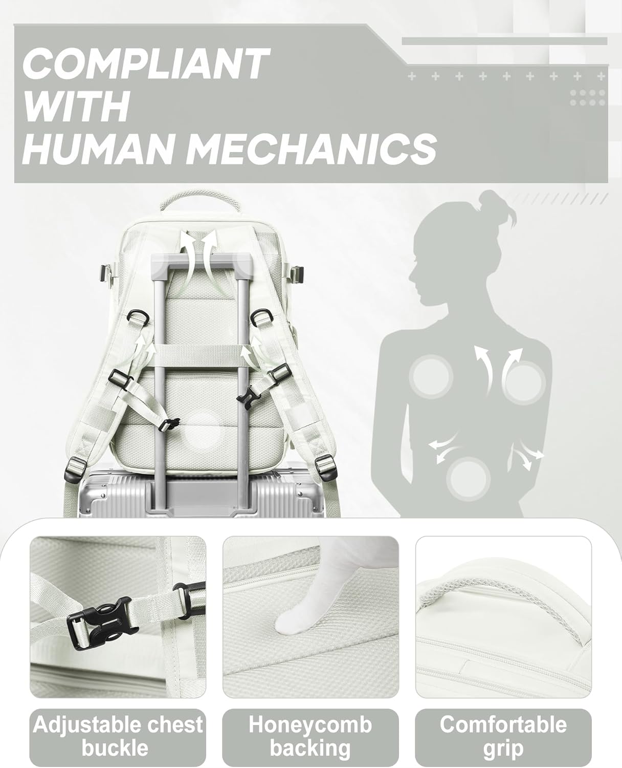 suwasp Vacuum Compression Backpack, 45L Expandable Travel Backpack with Electric Vacpack Pump, Travel Vacuum Bags with Shoe Compartment/17inch Laptop Compartment/USB Port, White