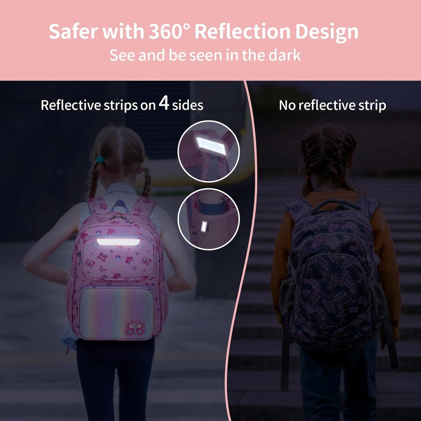 Kids Backpack for Girls - 15 Inch Backpack for Kids 3 to 8, Lightweight Bookbag for Preschool Kindergarten Elementary School, Insulated Pocket, Safe Reflective Stripe, Pink Butterfly