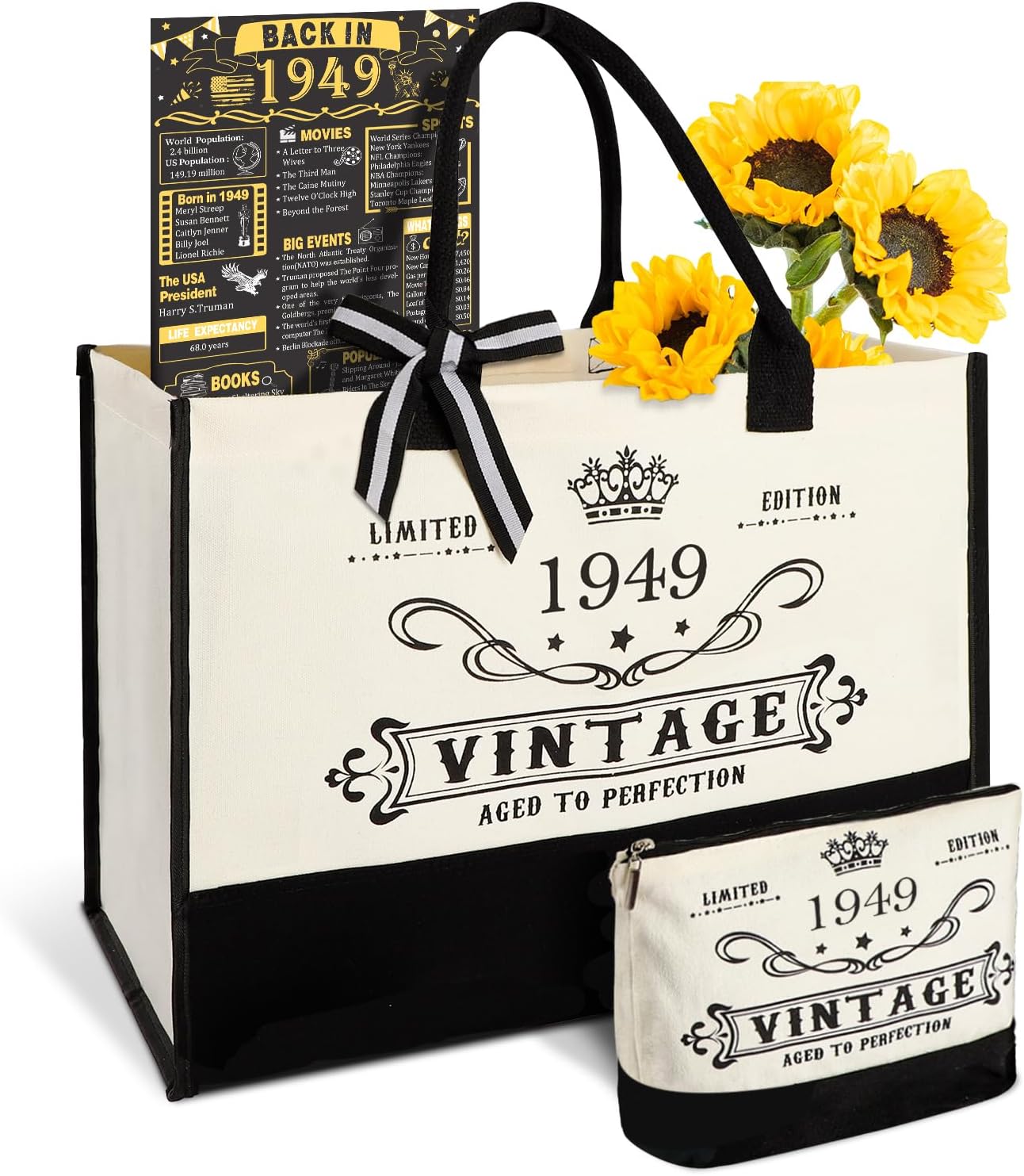 YeohJoy 76th Birthday Gifts for Women Canvas Tote Bag Travel Gear, Unique 76 Years Old Birthday Gifts for Girlfriend Sister Friends Her, Vintage 1949 Handbag & Cosmetic Bag & Back in 1949 Poster