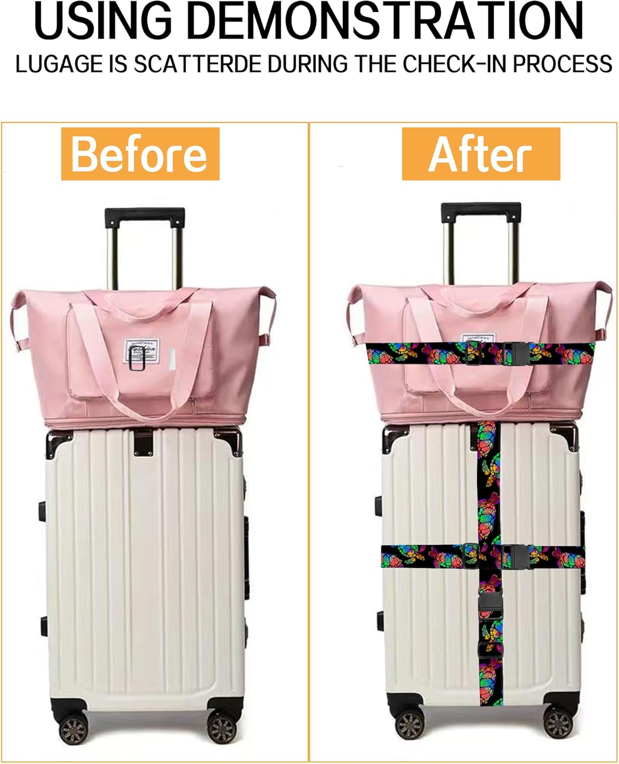 Luggage Straps for Suitcases, Adjustable Travel Belt, Durable Wide Luggage Strap, Cute Suitcase Strap Identifiers with Buckle, Bag Straps for Luggage, Cute Colorful Tirtles