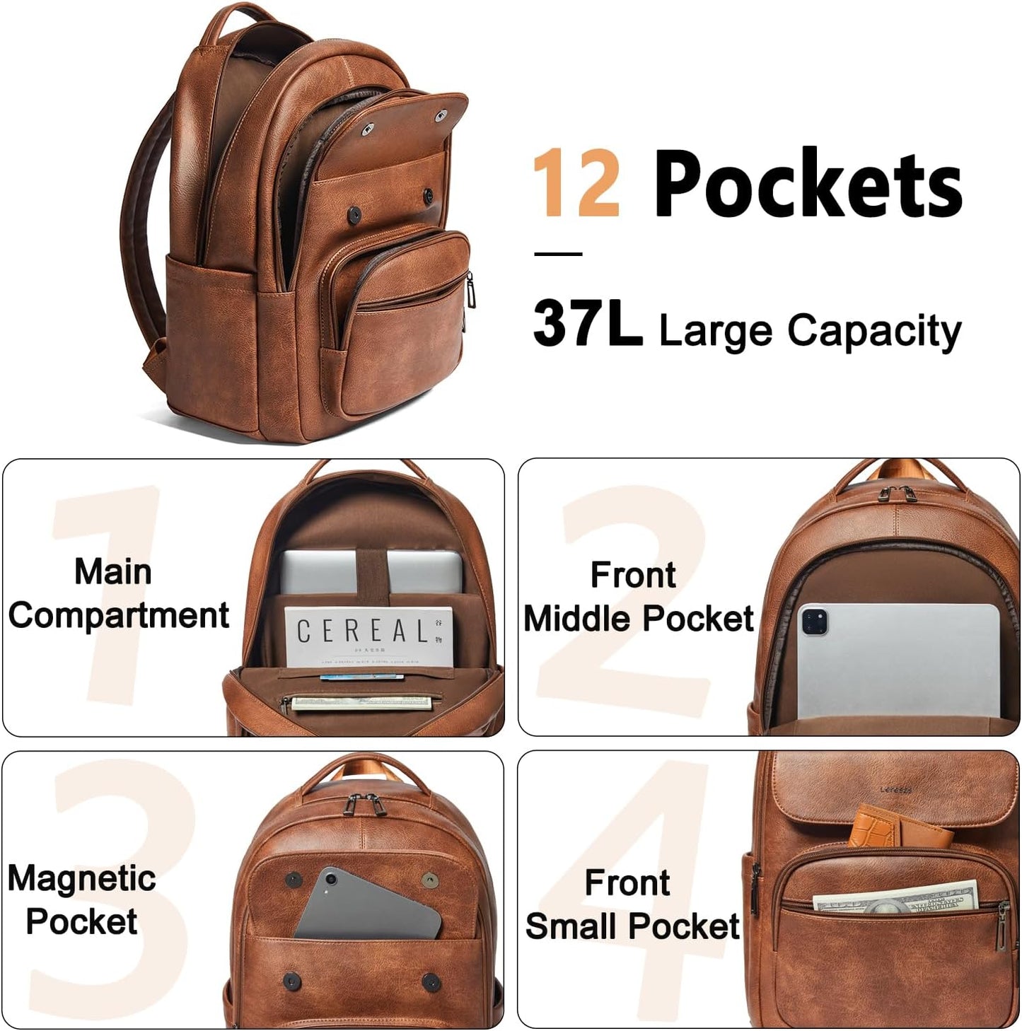 37L Backpack Purse for Women Men for Work Travel BackPack Vegan Leather Laptop College Daypack Shoulder Bag Brown