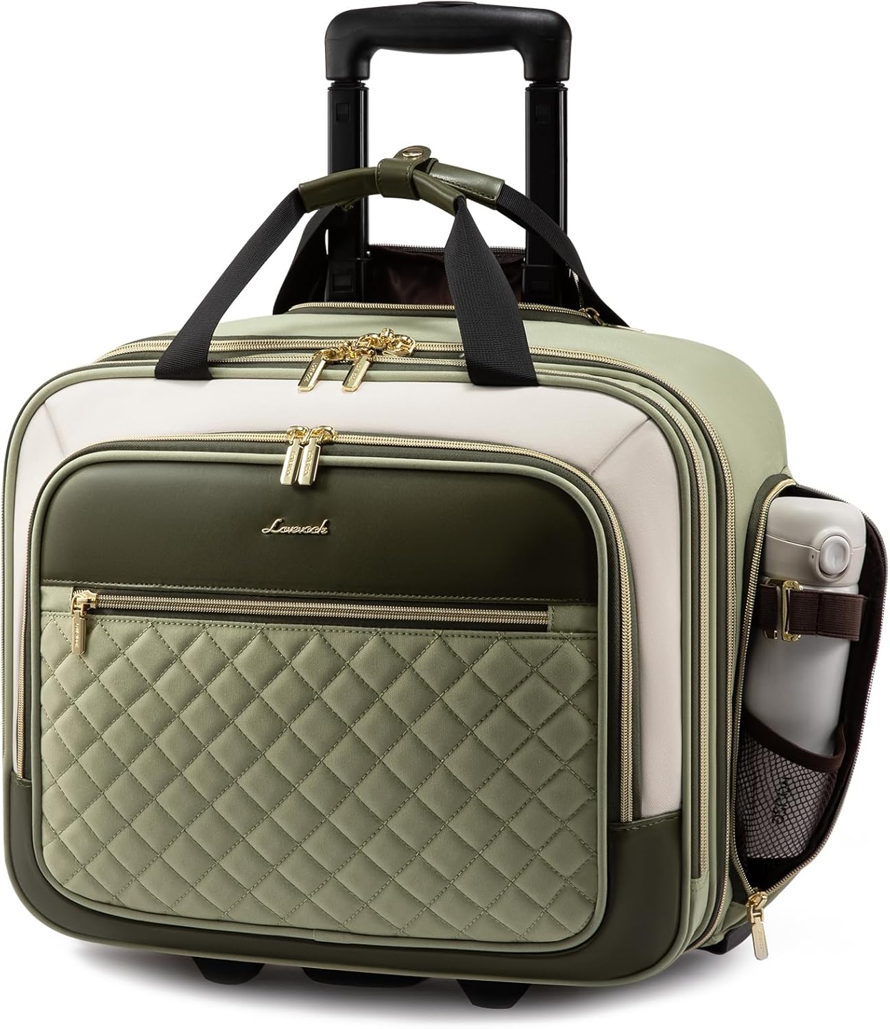 LOVEVOOK Rolling Laptop Bag Women, 17.3 Inch Laptop Briefcase with Wheels for Work Travel Business, Underseat Carry On Luggage Case,Green-Beige