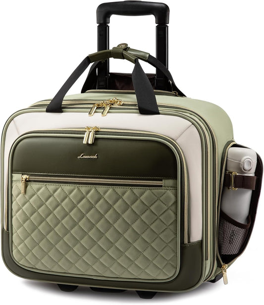 LOVEVOOK Rolling Laptop Bag Women, 17.3 Inch Laptop Briefcase with Wheels for Work Travel Business, Underseat Carry On Luggage Case,Green-Beige