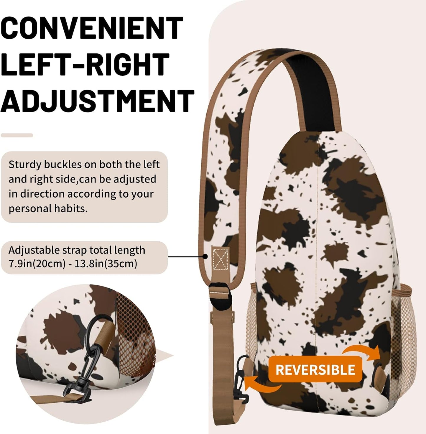 Brown Cow Print Sling Bag Crossbody Chest Bag for Women Men, Water Resistant Lightweight Casual Crossbody Bag with Adjustable Strap, Travel Hiking Daypack Shoulder Backpack