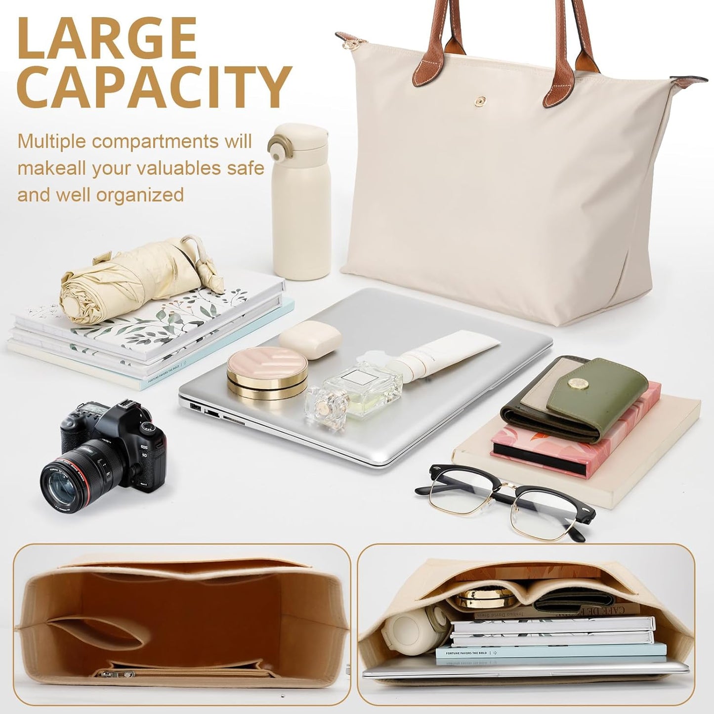 Tote Bag for Women with Purse Organizer Insert, Foldable Large Capacity Waterproof Nylon Bag for Travel, and Daily Use