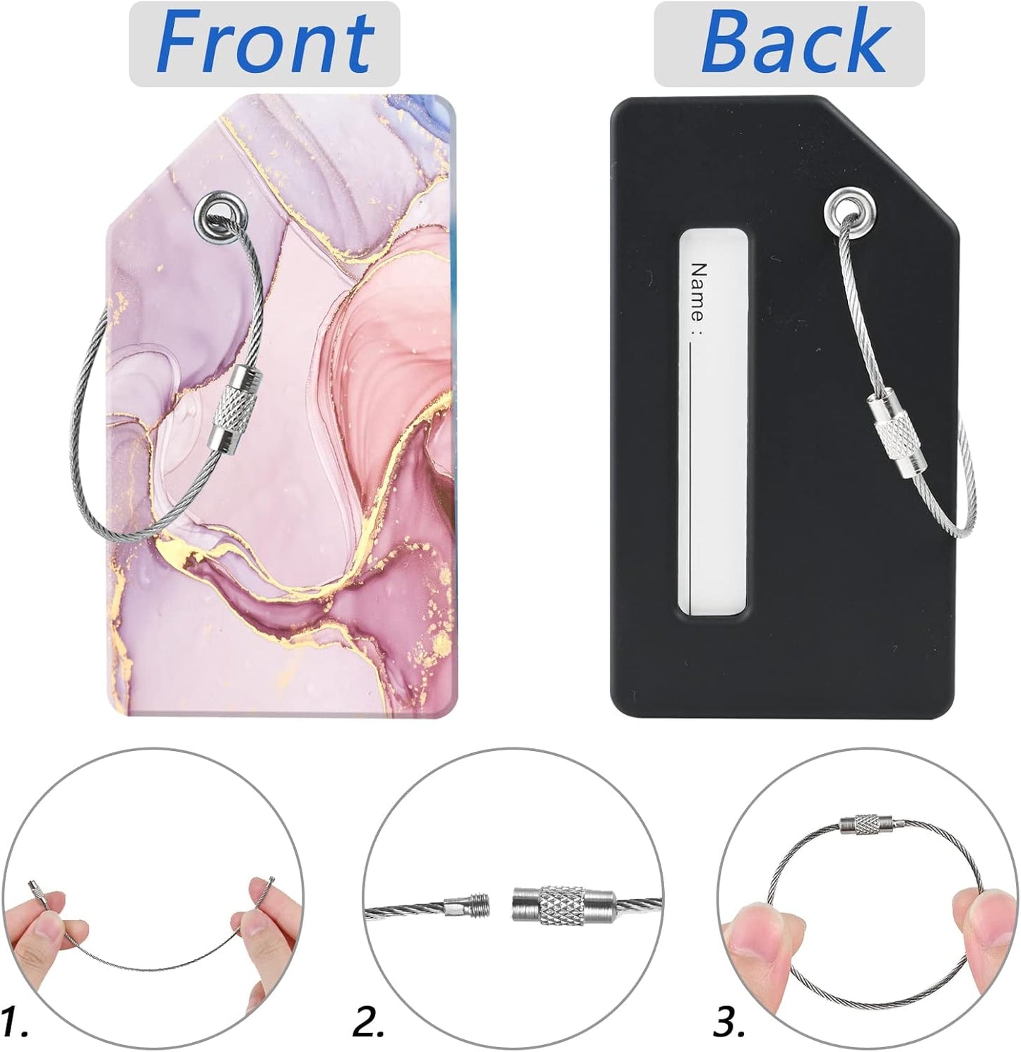 2 Luggage Tags, (1" Smaller Than Traditional) Perfect for Quick Luggage Identification with Stainless Steel Ring and Address Card for Travel and Luggage (Pink Marble)