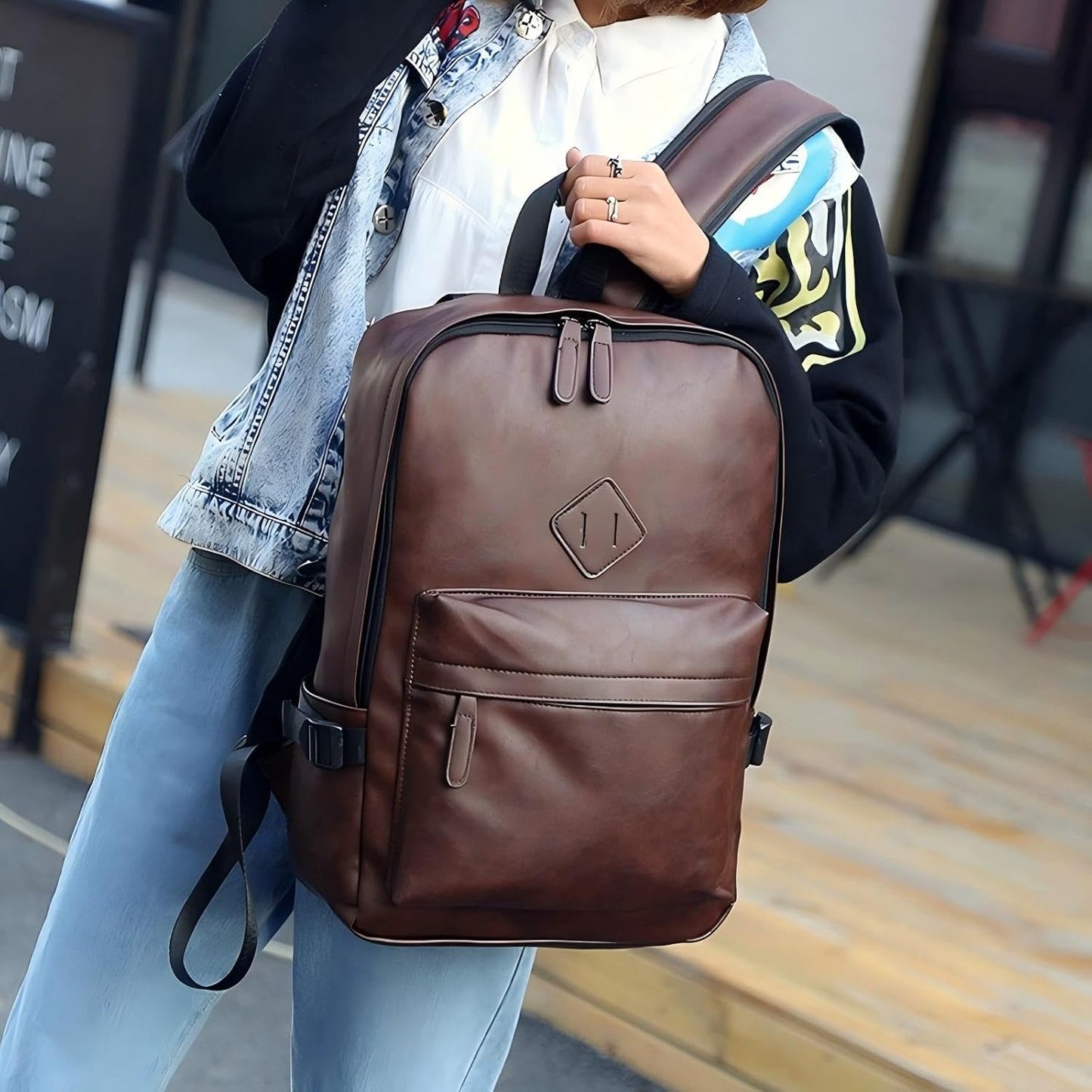 Mens Leather 16.1 inch Laptop Bag Travel Casual Computer Backpack College Business Work Shoulder Bags Waterproof