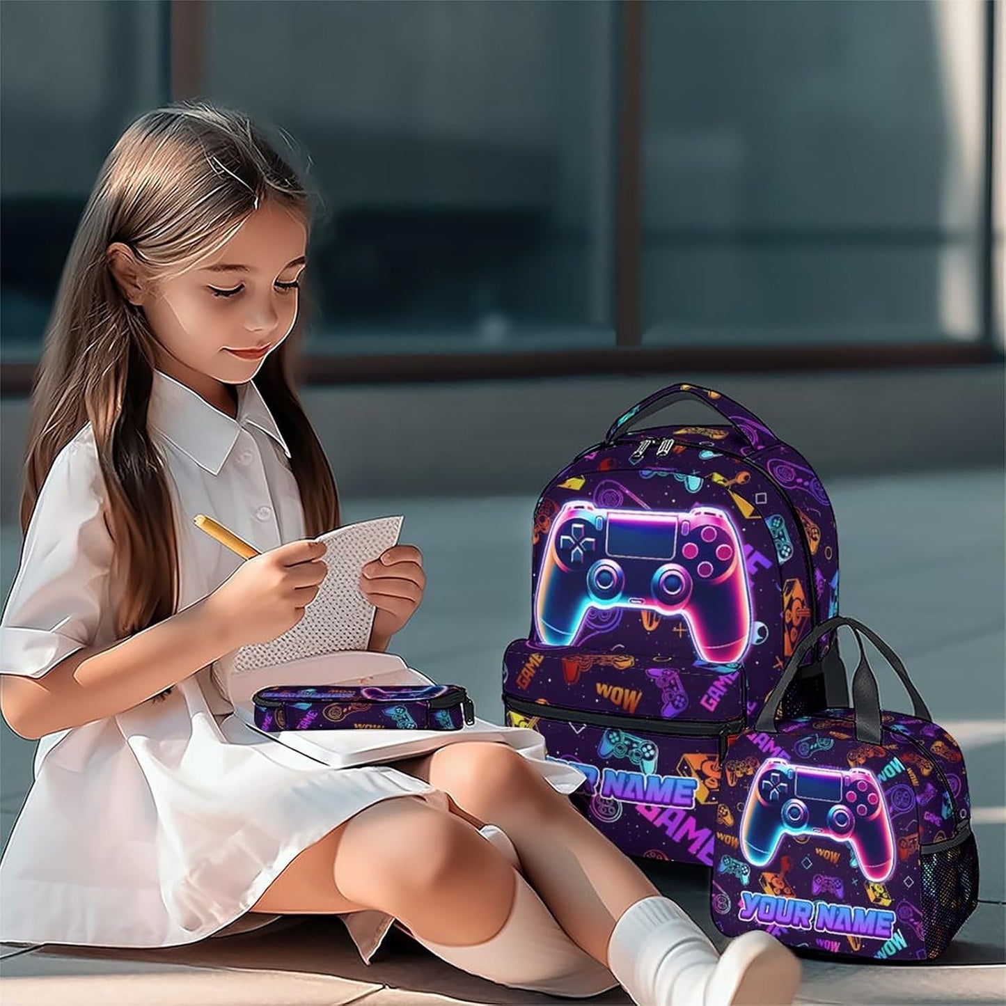 Kids Backpack with Lunch Bag and Pencil - 17 Inch Custom Gamer Backpack Set for Boys Girls - Personalized Cool Gaming School Bag for Primary Middle