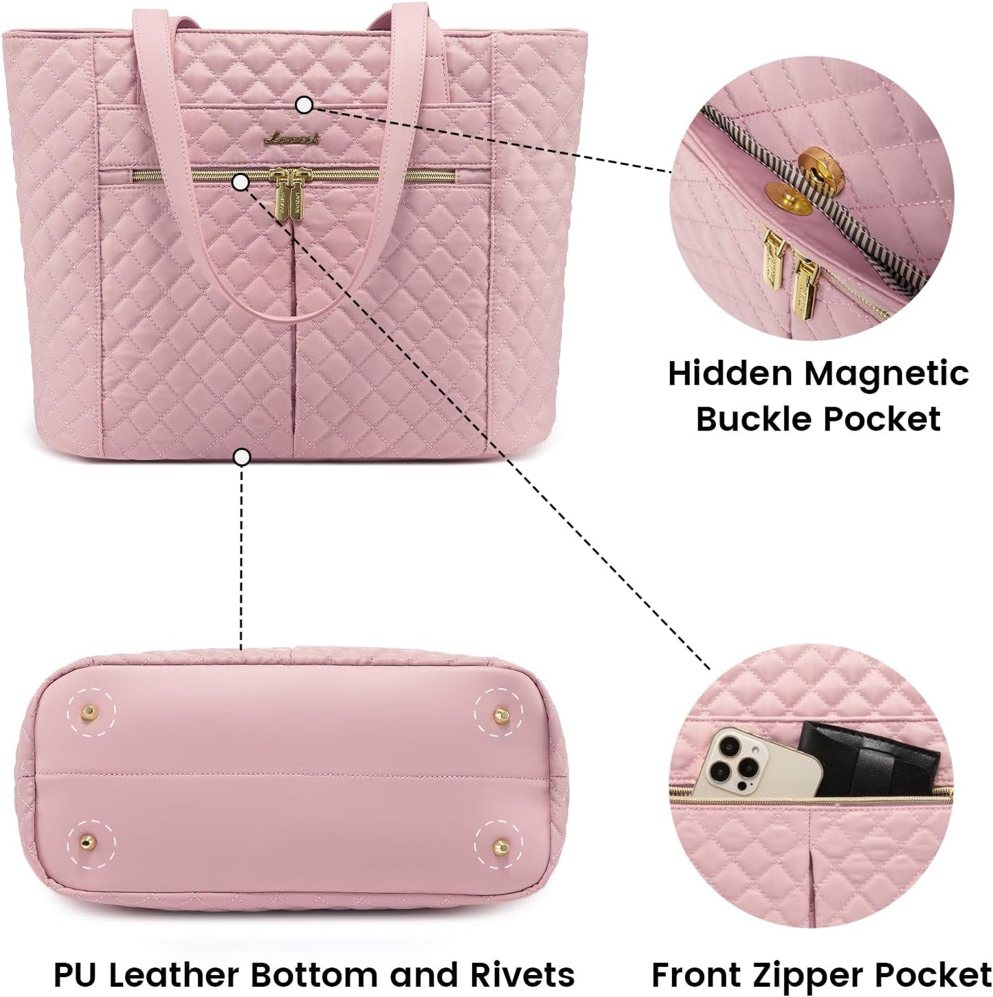 LOVEVOOK Laptop Bag for Women 17 inch,Diamond Quilted Work Tote Bags Womens Laptop Tote Bag Computer Shoulder Bags,Stylish Travel Tote Bags Laptop Purse Briefcase Handbag with Clutch Purse,Off-white