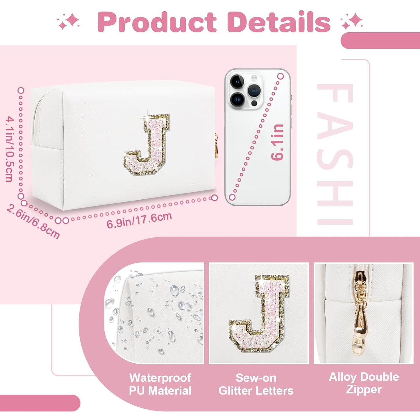 Small Initial Patch Makeup Bag Personalized Gifts Make Up Bag,White Cute PU Leather Glitter Letter Cosmetic Bag with Zipper,Trendy Portable Travel Toiletry Pouch,Preppy Stuff for Teen Girls Women J