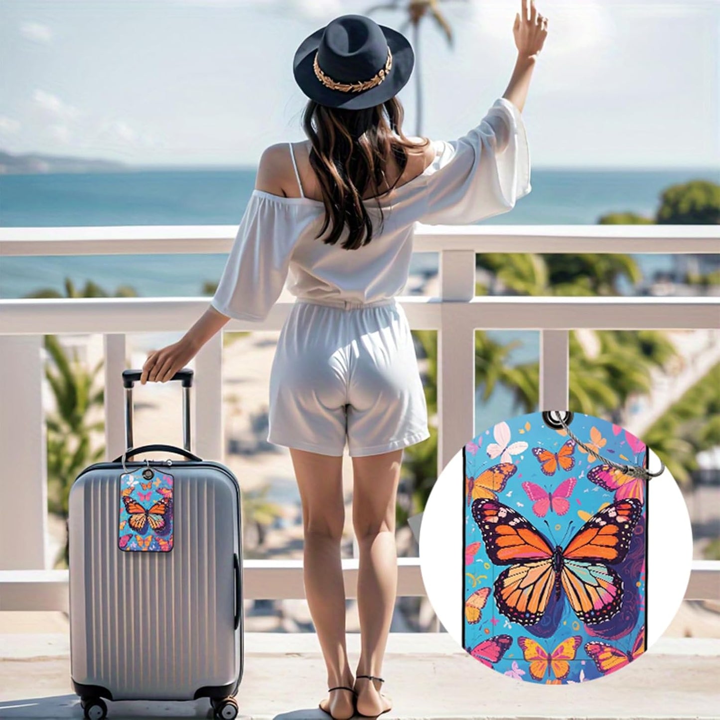 Butterfly Leather Luggage Tags for Suitcases, PU Cruise Ship Travel Bag Tags with Privacy Cover ID Label with Stainless Steel Loop for Women Men Girls Cute Backpack Gift 2 Pack (Blue)