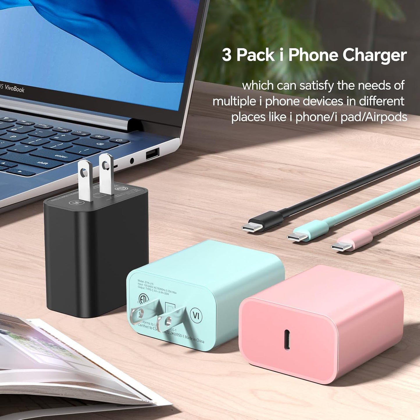 Compatible with iPhone16/15 Charger Fast Charging, 3 Pack 20W USB C Colorful Charger Block with 10 FT USB-C to C Cable for Phone16 15 Pro/Plus/Pro Max,Pad Pro 12.9/11 inch,Pad Air 5th-Pink/Green/Black