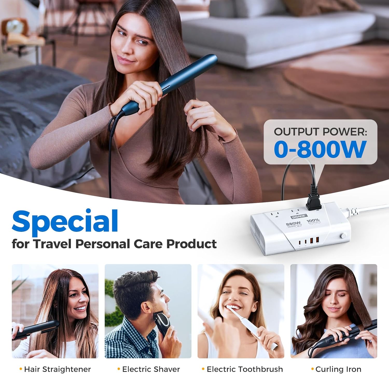 DOACE 800W Pure Sine Wave Voltage Converter US to Europe - 220V to 110V Converter for European
