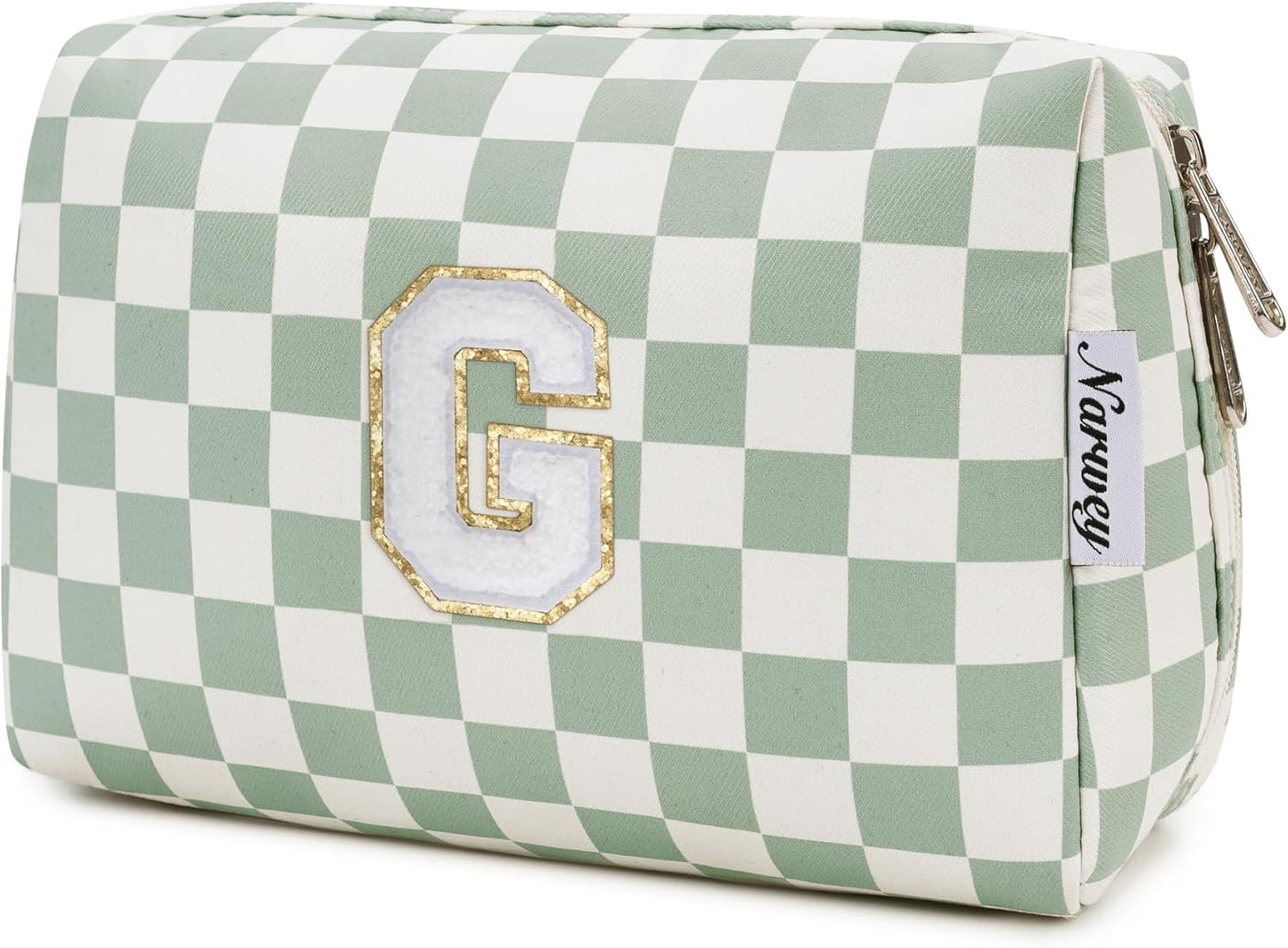 Narwey Birthday Gifts for Teen Girls Kids Women Personalized Initial Checkered Makeup Bag Preppy Cosmetic Bag Trendy Stuff 6 8 10 11 12 13 14 16 18 Years Old Travel Toiletry Bag (Green Letter G)