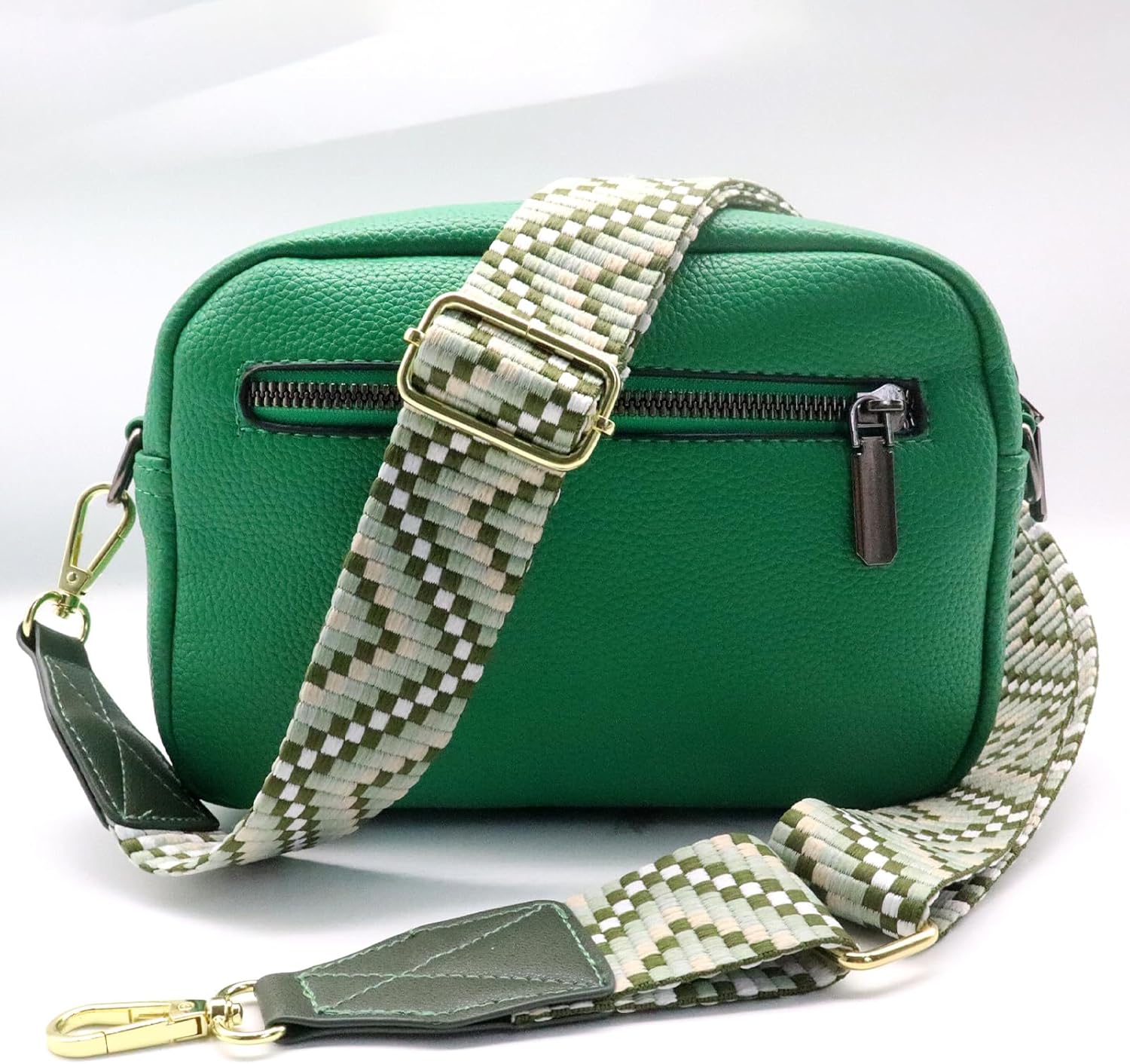 Adjustable Purse Strap with Green Leather End - 1.5" Wide Handbags, Camera, Guitar, Phone &