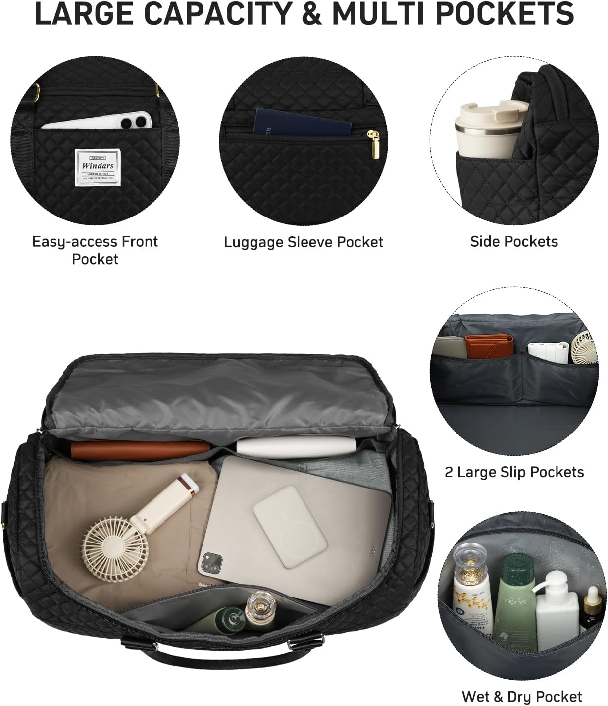 Travel Duffle Bag, Weekender Bags for Women with Shoe Compartment, Overnight Bag with Toiletry Bag, Carry On Duffel Bags For Airplanes, Yoga Gym Duffel Bag, Black