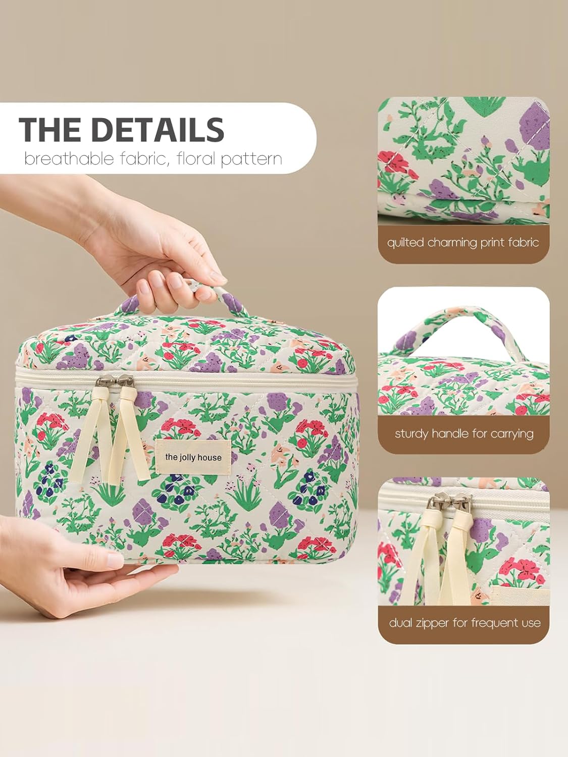 Large Travel Quilted Makeup Bag for Women Girls, Floral Cosmetic Bag, Cute Coquette Aesthetic Flowers Toiletry Organizer Bag Purple Flower
