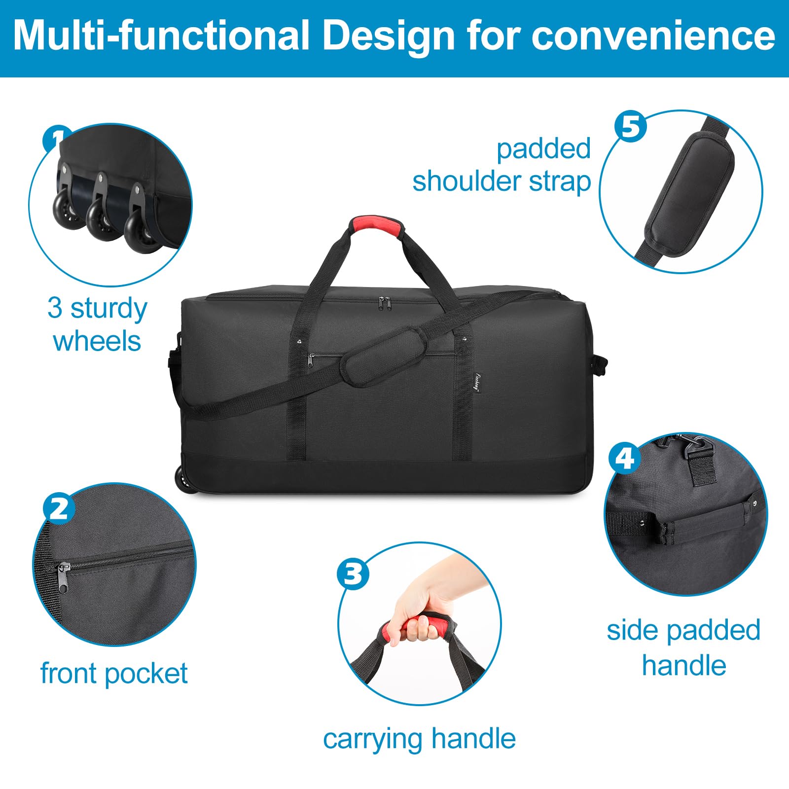 Finnhomy 120L Foldable Rolling Duffel Bag with 3 Wheels, Light Weight Travel Duffel bag with Large