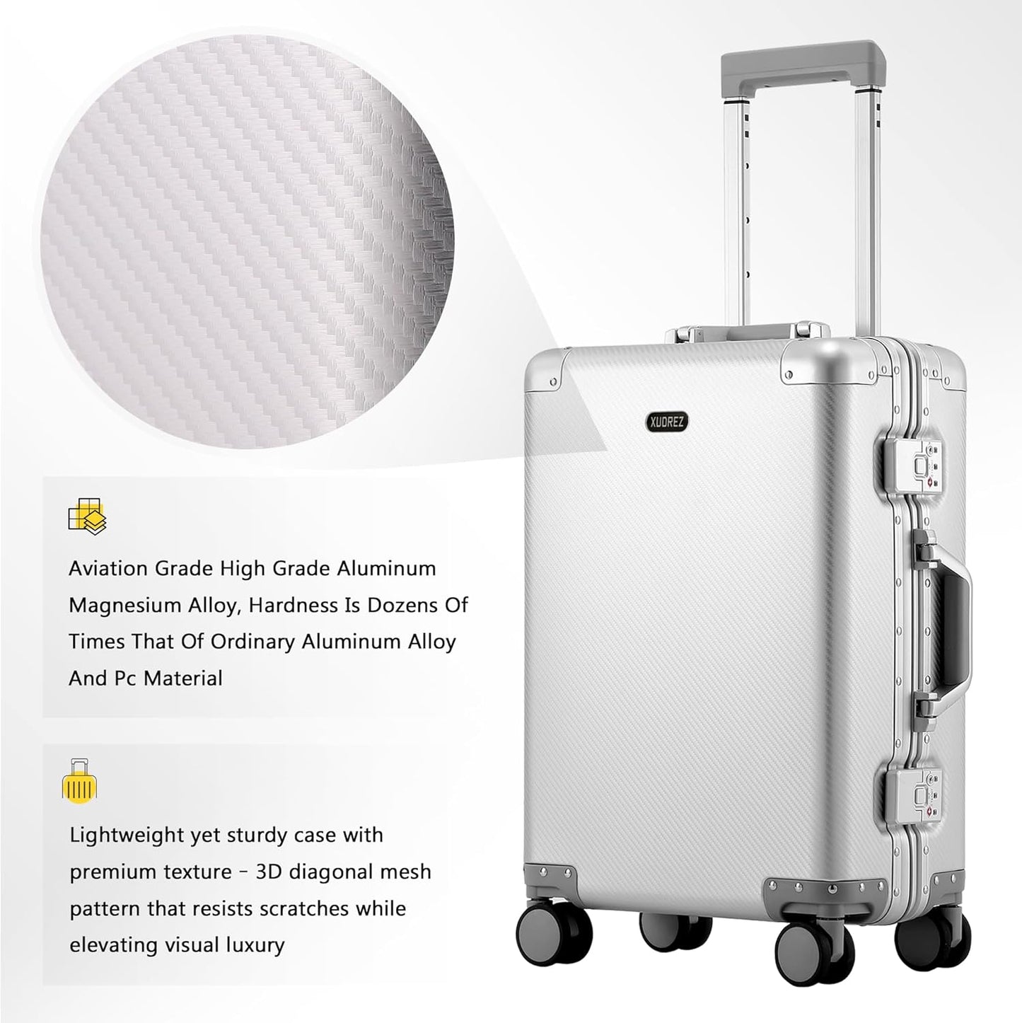 YYW Aluminum Carry-On Luggage Airline Approved Lightweight Suitcase with TSA Lock and Silent Wheels, Hardshell Spinner Business Travel (silver, 20in)