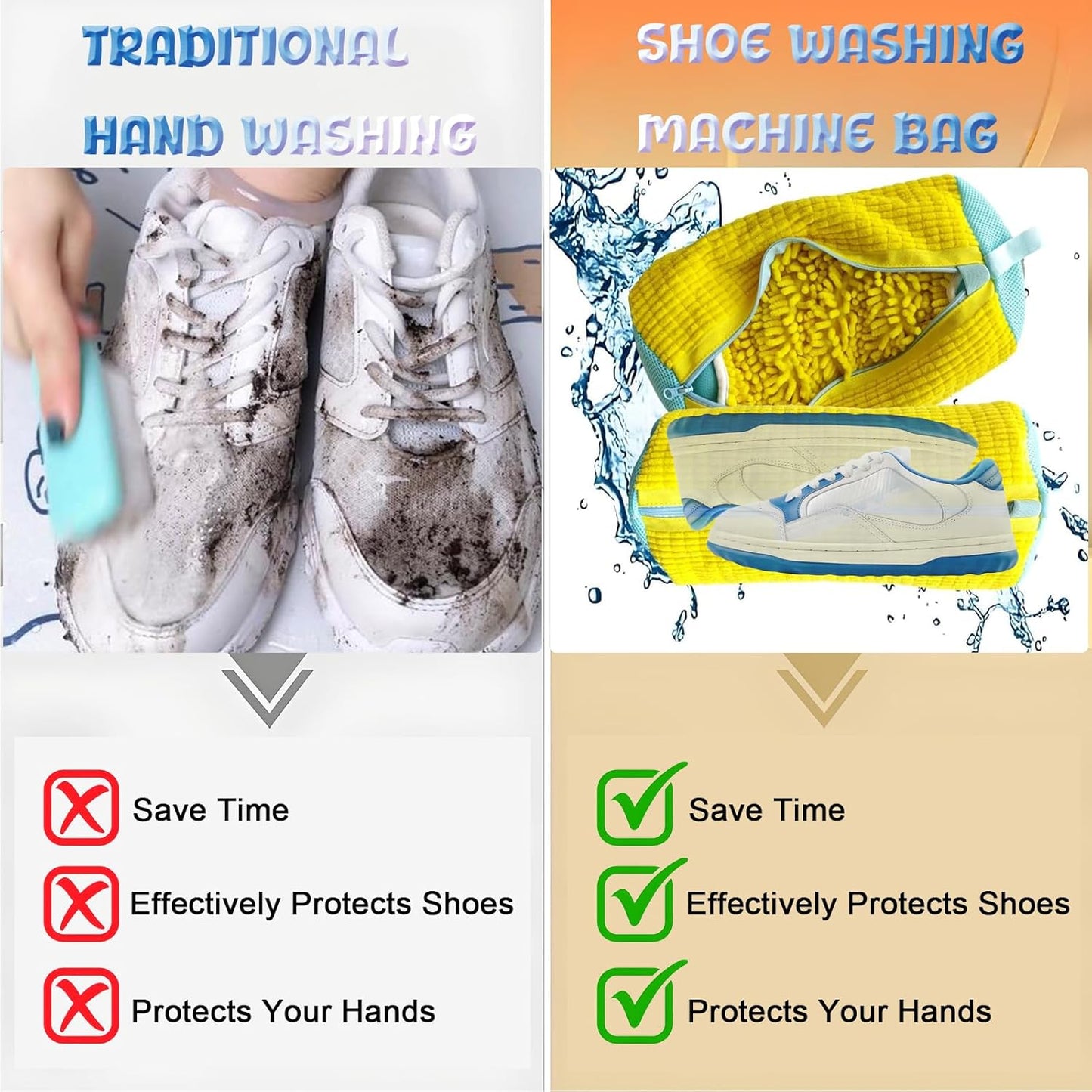 Shoe Washing Machine Bag, Reusable Shoes Cleaning Bags, Sneaker Tennis Shoes Unstain Cleaner Kit with Adjustable Shoe Trees, Yellow, 2 Pack