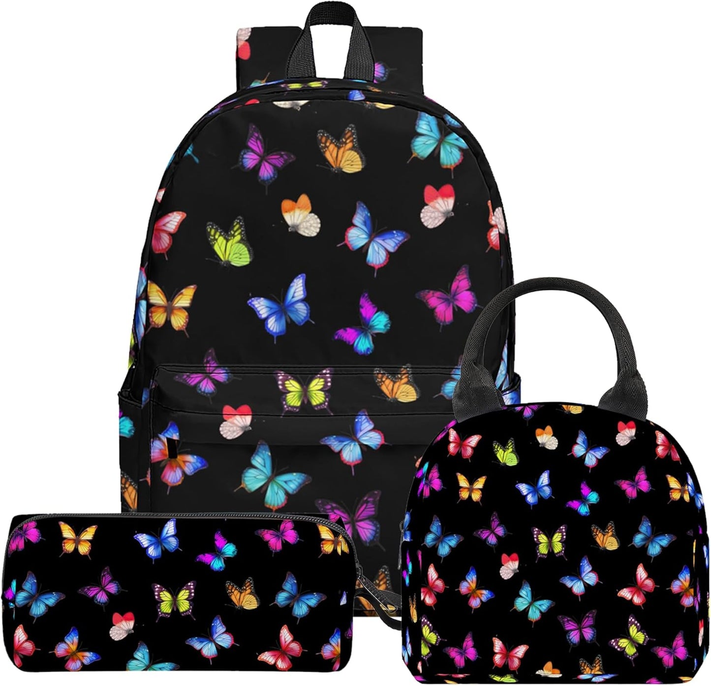 3PCS Butterfly Backpack Set for Girls, Large Lightweight 17 Inch Backpack with Lunch Box & Pencil Case for Kids, Back to School Bookbag for Elementary Middle School