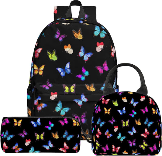 3PCS Butterfly Backpack Set for Girls, Large Lightweight 17 Inch Backpack with Lunch Box & Pencil Case for Kids, Back to School Bookbag for Elementary Middle School