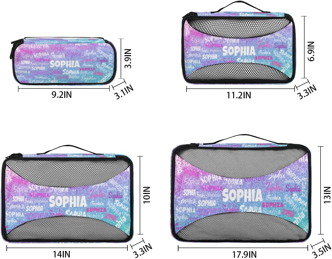 4pc Personalized Name Packing Cubes for Travel - Luggage Packing Organizers - Travel Packing Cubes for Suitcases, Dreamy Glittery Effect, Colorful Names