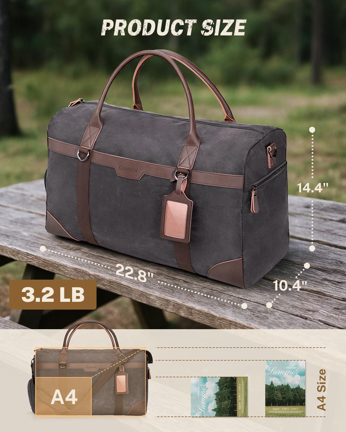 Gonex Waxed Canvas Duffle Bag for Travel, Water-resistant Vintage 55L Duffel Weekender with Shoes Compartment & Luggage Tag, Heavy-duty Overnight Bag with Suitcase Handle Sleeve for Men, Dark Grey