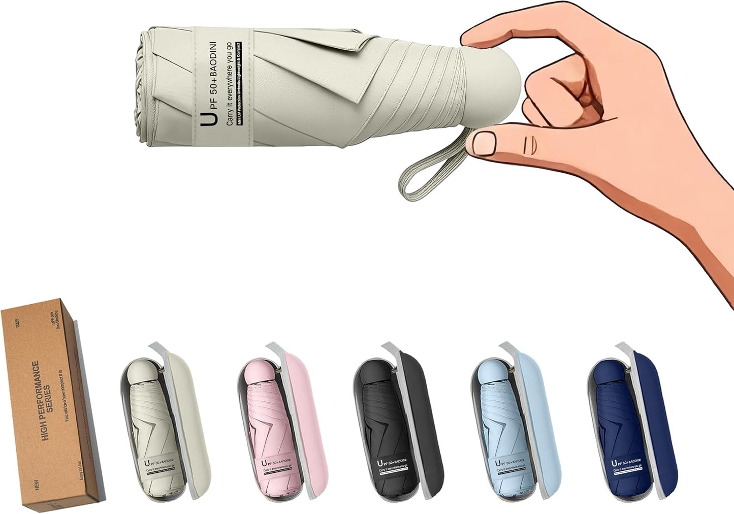 BAODINI Travel Essentials Mini Umbrella for Purse With Case Small Compact UV Sun Protection