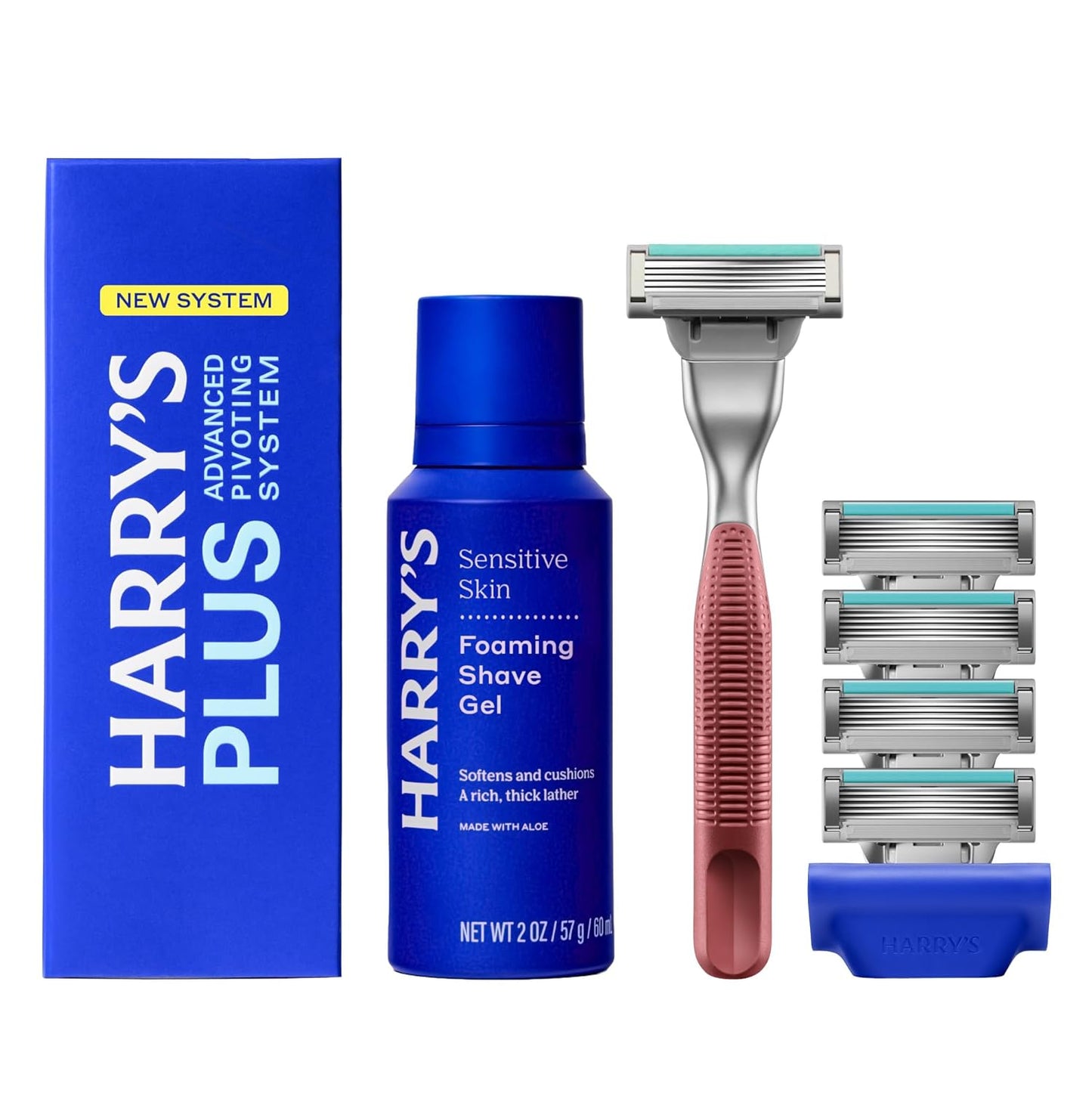 HARRY'S PLUS: Shaving Kit for Men – Gift Box with Premium Handle, 5 Razor Blade Cartridges, 2 oz Foaming Shave Gel & Travel Cover, Advanced Pivoting System – Clay