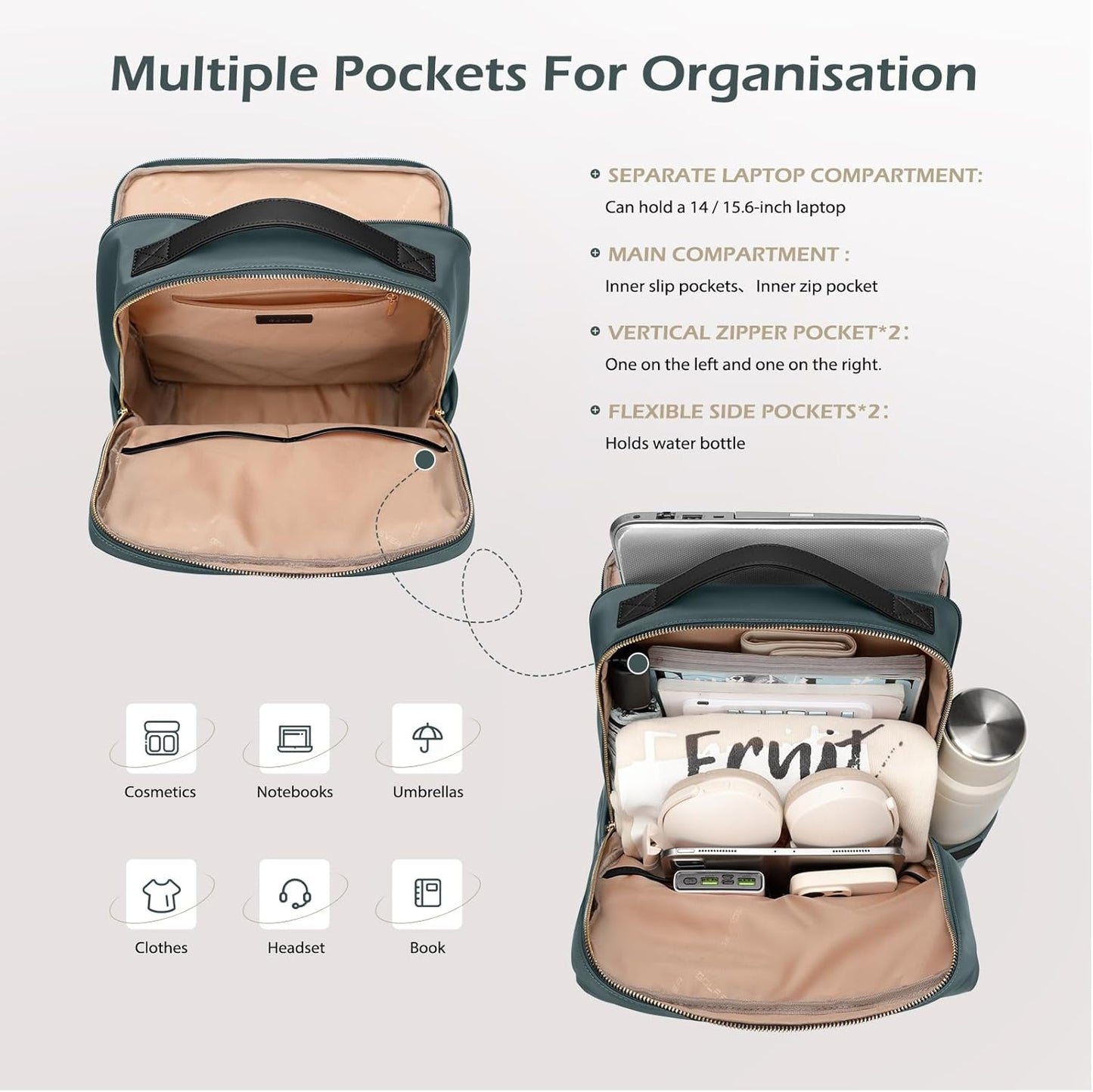 Stylish Laptop Backpack for Women Airline Approved Perfect for Work College and Travel Multi-Functional Casual Daypack Fits 15.6 Inch Notebook (Atrovirens)