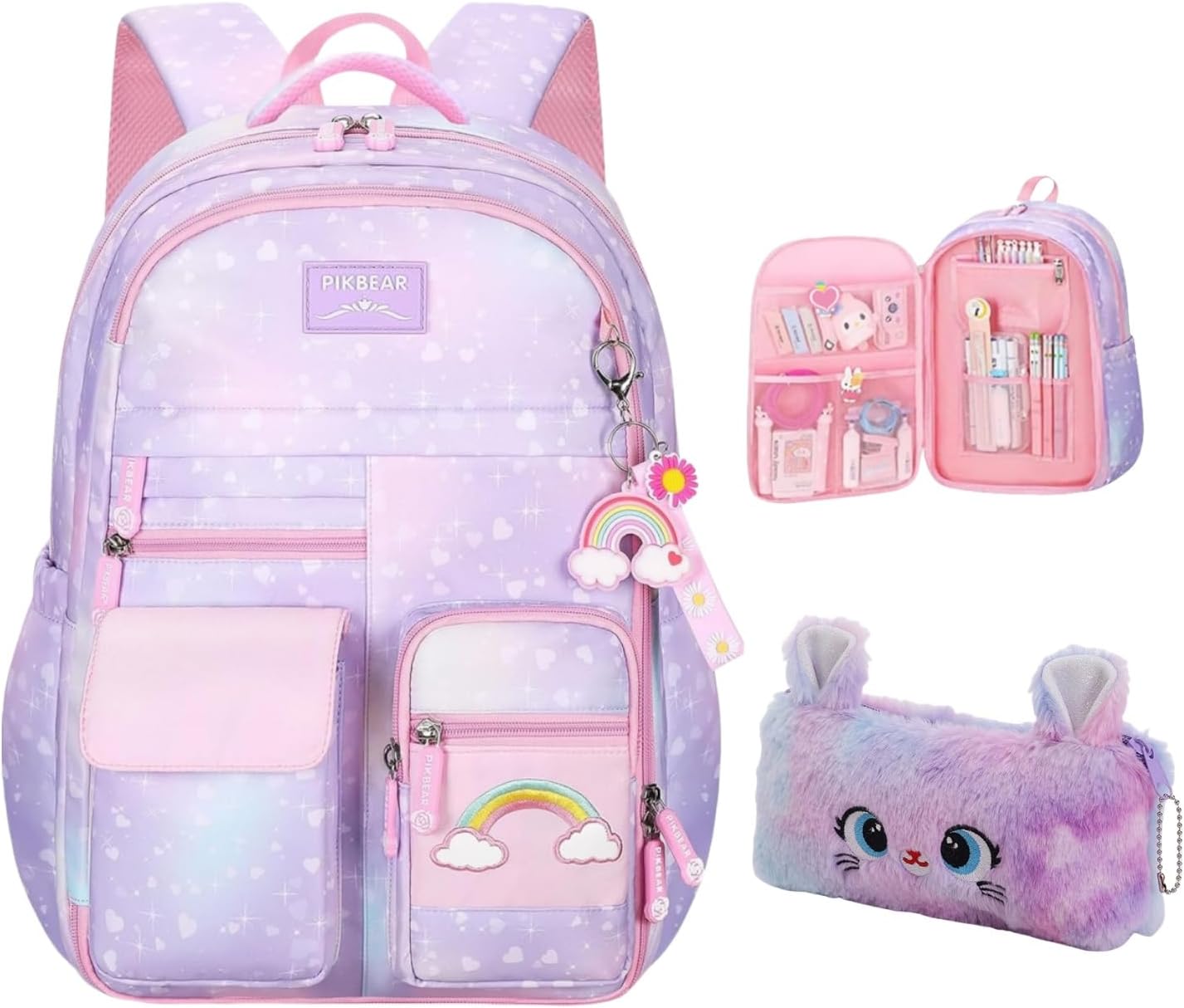 Girls Backpack,Rainbow Backpack for Girls-Kawaii Purple School Bookbag, Lightweight Large Capacity