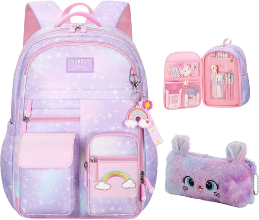 Girls Backpack,Rainbow Backpack for Girls-Kawaii Purple School Bookbag, Lightweight Large Capacity Kids Backpack for Travel & Daily Use
