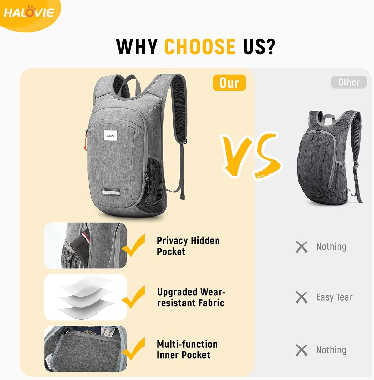 HALOVIE Small Hiking Backpack 10L Packable Lightweight Daypack Foldable Travel Back Pack for Women Men(Lightgray)