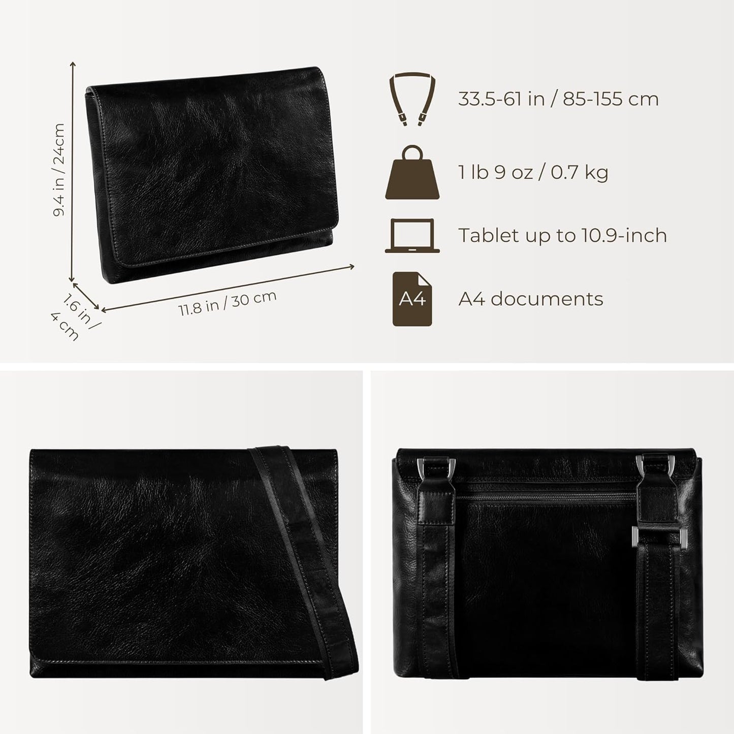 Time Resistance Leather Messenger Bag for Men - Crossbody Bag - Full Grain Leather - Tablet Sized Shoulder Bag