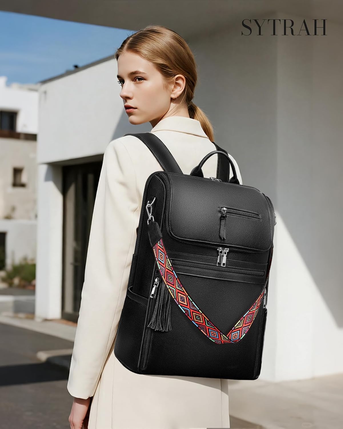 Leather Laptop Backpack for Women Designer Laptop Bag, 16.5 inch Travel Computer Backpacks Purse with Tassel for Work Business with Satchel Purse Black