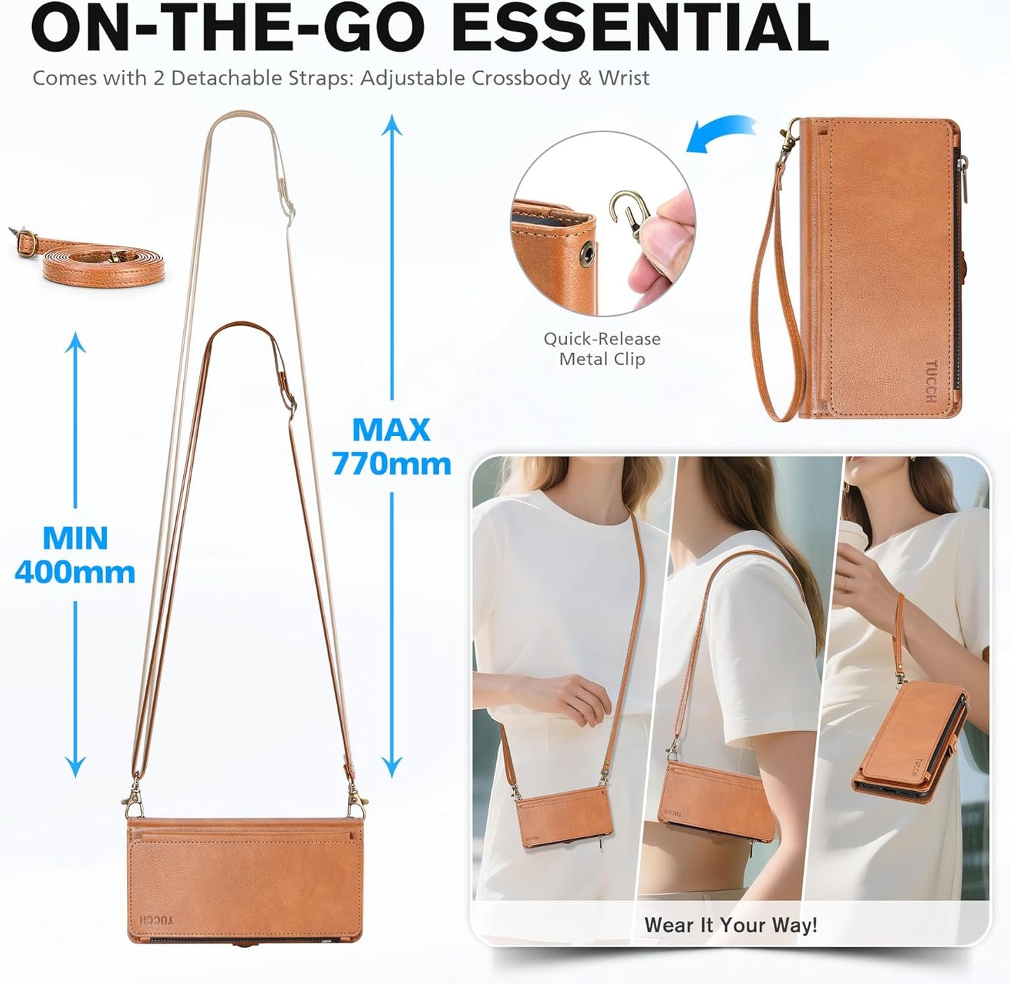 TUCCH Removable Crossbody Case Wallet for iPhone 17 Pro Max 6.9" 2025, Wireless Charging, RFID Blocking 10 Card Slots, Lanyard Wrist Strap, Zipper Pocket, PU Leather, Stand Magnetic Cover, Light Brown
