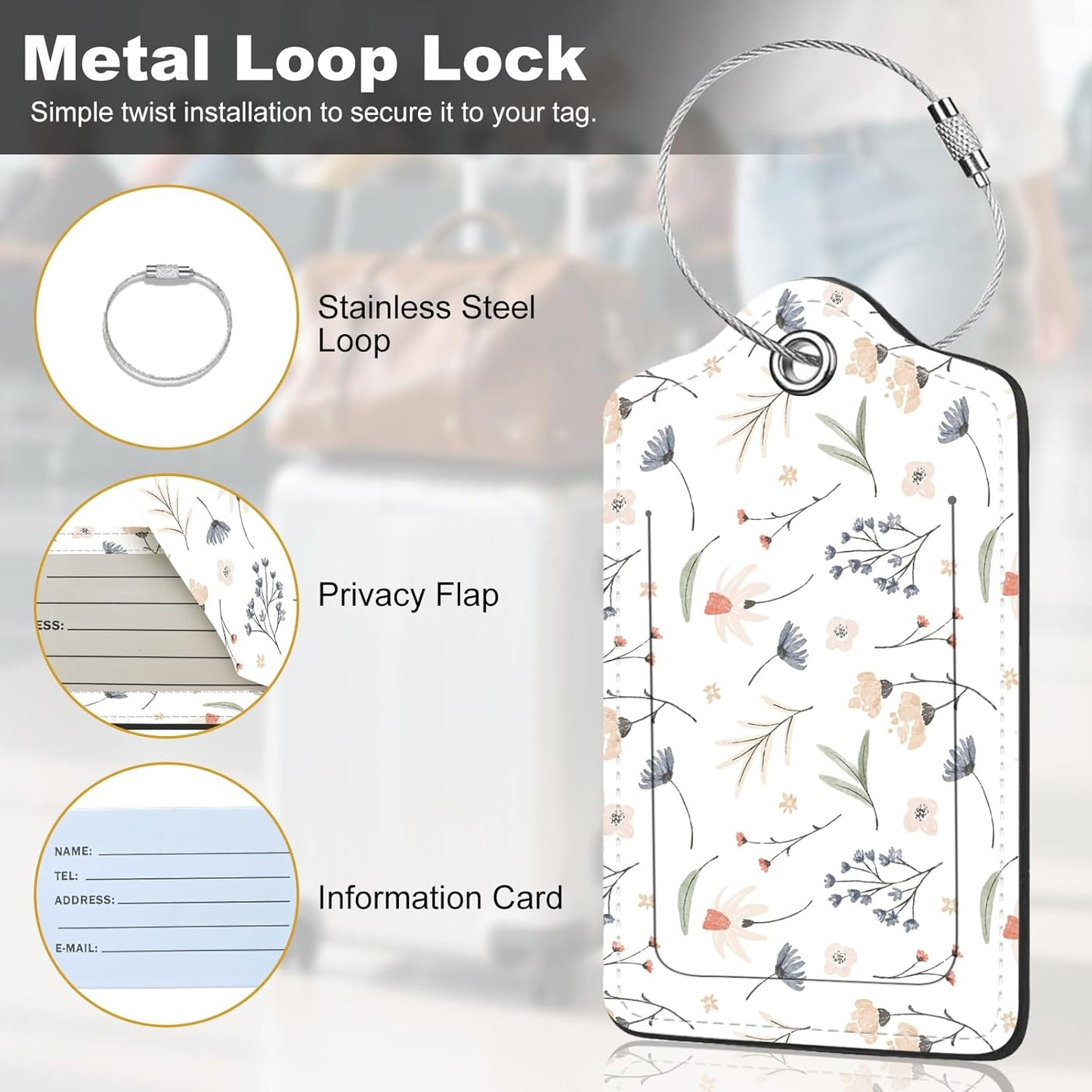 2Pack Luggage Tags for Suitcases, Cute Unique Pu Leather Cruise Luggage Tag with Privacy Cover ID Label Address Card and Metal Ring Suitable for Women Men Kids Travel Bag White Flower 8