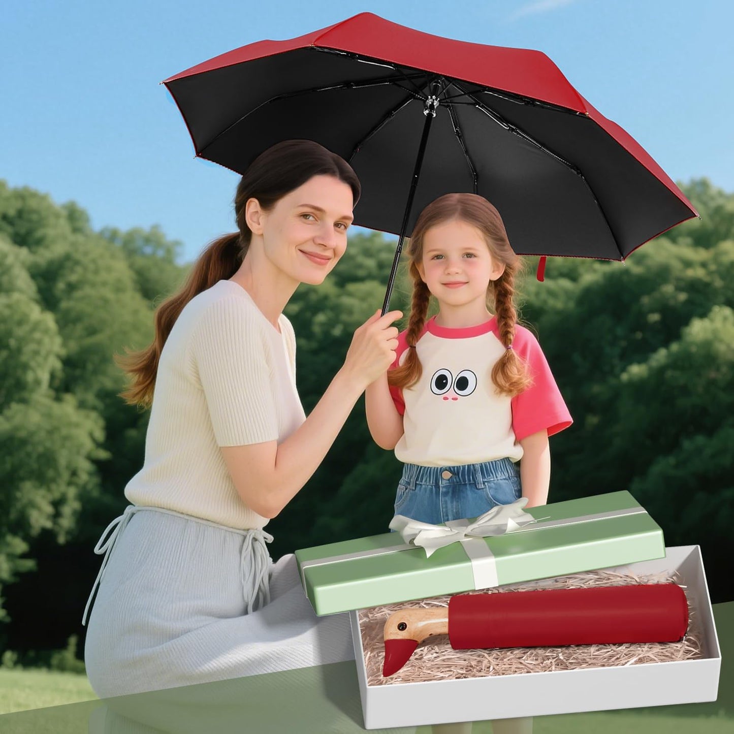 LEAGERA Compact Small Umbrellas for Rain&Sun, Cute Design Duck Head Umbrella for Girls Gifts, 8 Ribs Folding Umbrella with Wooden Handle
