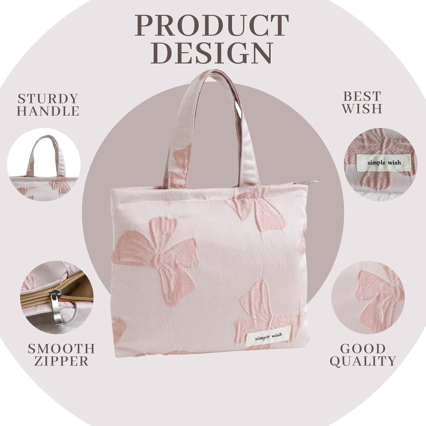 Wudygirl Makeup Bag Travel Cosmetic Bag for Women Small Makeup Pouch with Handle Zipper Cosmetic Pouch Handbag Aesthetic (Pink Bow)