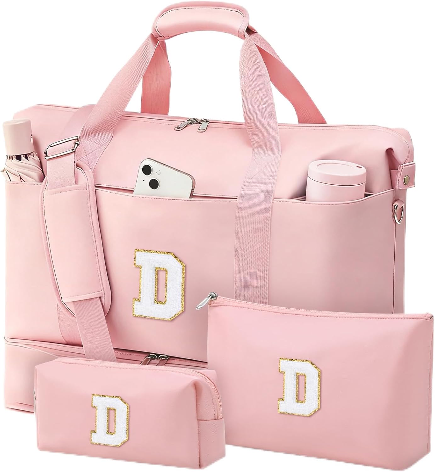 Personalized Initial Travel Duffle Bag for Women, Dance Bags with Foldable Shoe Compartment, Carry-On Weekender Duffel, Gifts for Teenage Girls, Water Resistant, Pink Letter D