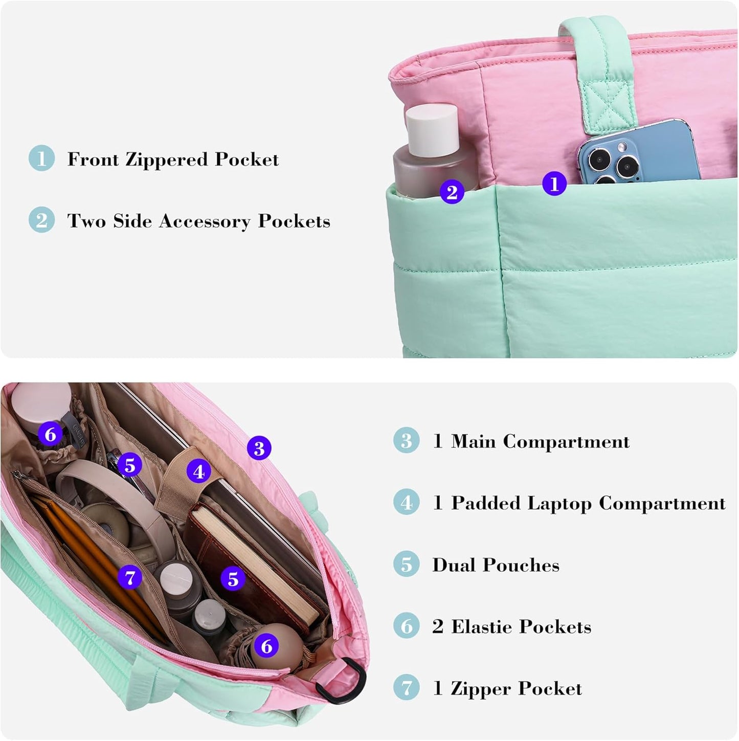 AOCINA Puffy Tote Bag for Women Quilted Work Bag Nurse Bags Women's Handbags for Travel