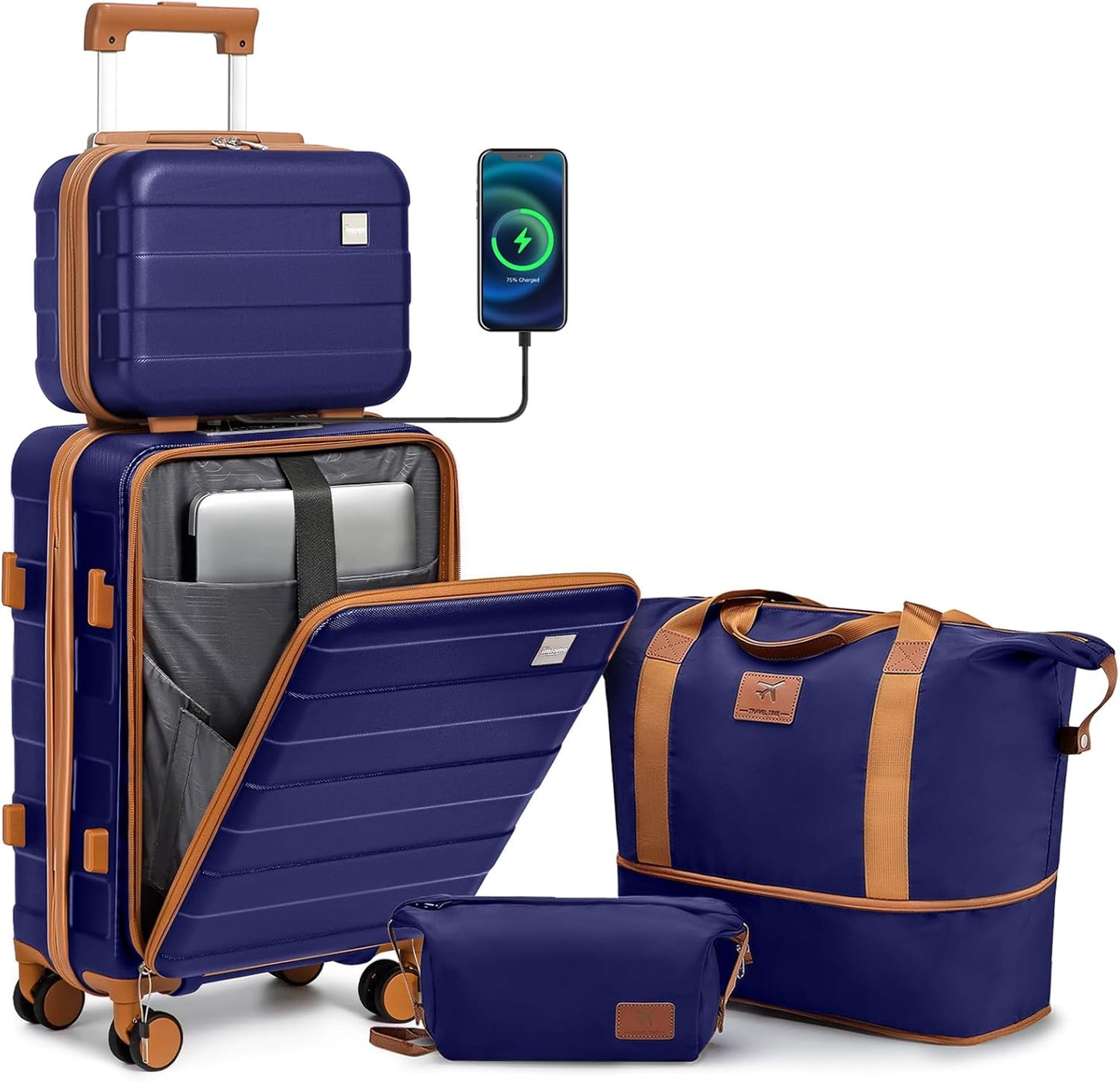 imiomo Carry on Luggage Airline Approved, Lightweight Hard Shell Carry-on Suitcase, 20 Inch Travel Luggage with Spinner Wheels and USB Port, Navy Brown