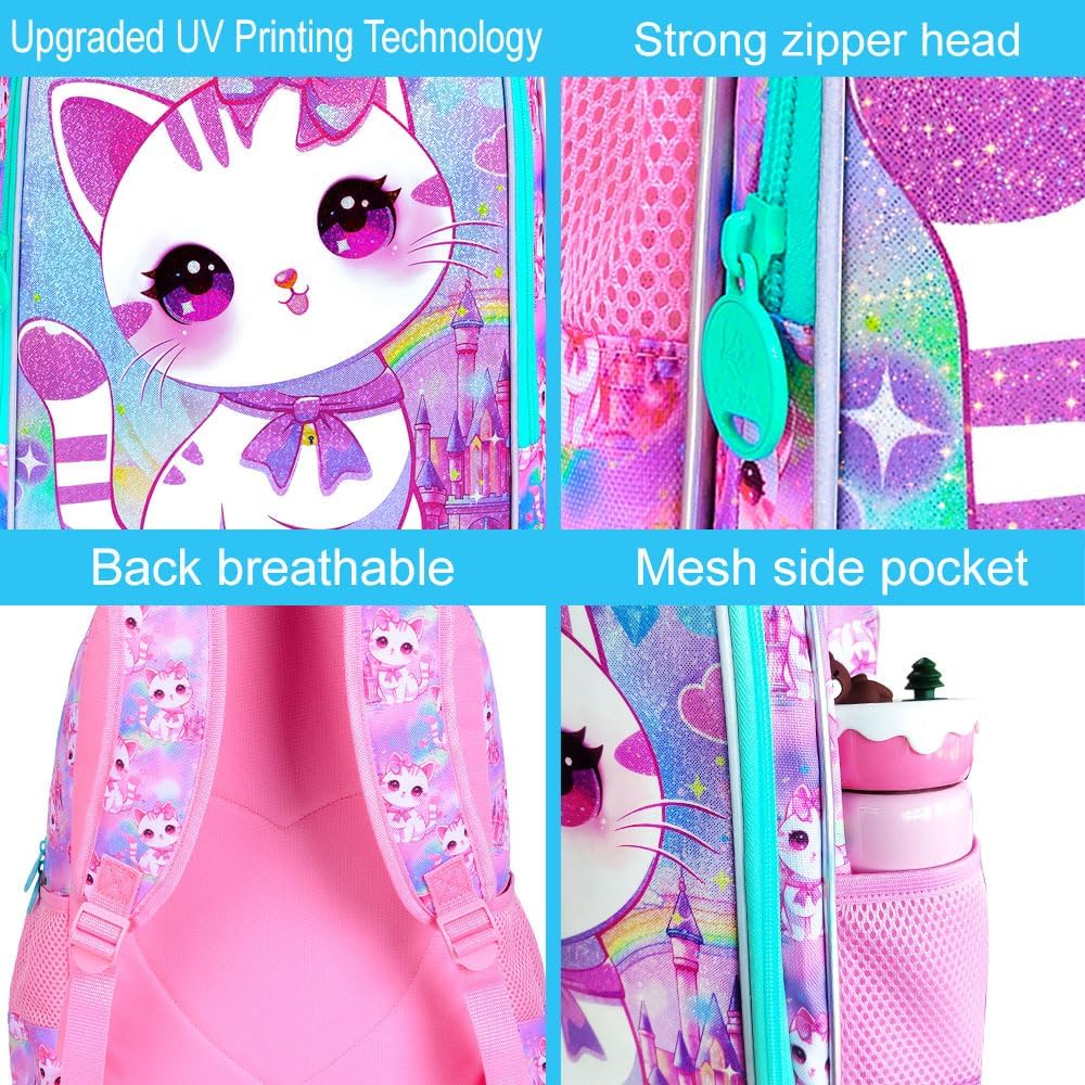 CCJPX 3PCS Cat Backpack for Girls, 16”Kids Preschool Bookbag with Lunch Box, Cute Water Resistant Elementary School Bag for Teen Kindergarten Toddler