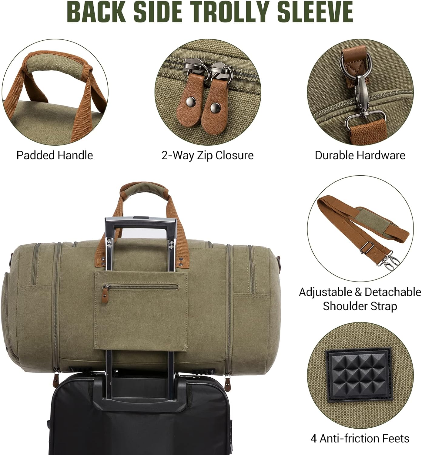 Sucipi Canvas Travel Duffel Bag for Men, Weekend Overnight Bag with Shoe Compartment and Toiletry Bag, Carry-On for Airplanes, Army green