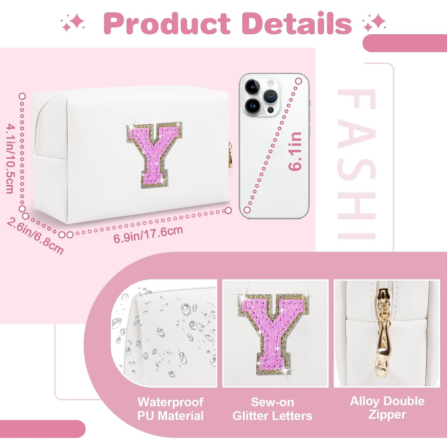 Small Initial Patch Makeup Bag Personalized Gifts Make Up Bag,White Cute PU Leather Glitter Letter Cosmetic Bag with Zipper,Trendy Portable Travel Toiletry Pouch,Preppy Stuff for Teen Girls Women Y